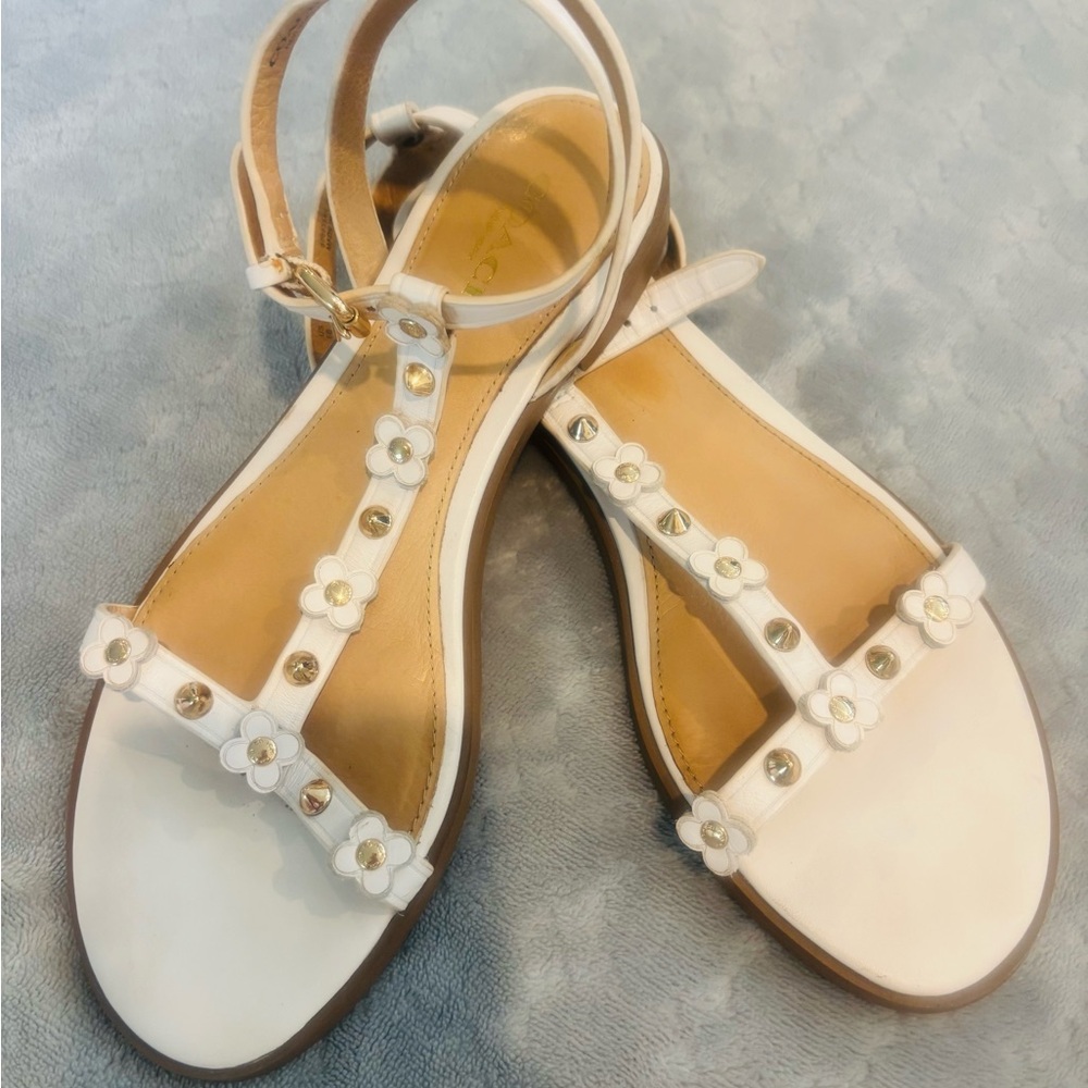 COACH Women's White Leather Flower Ankle-Strap Sandals
